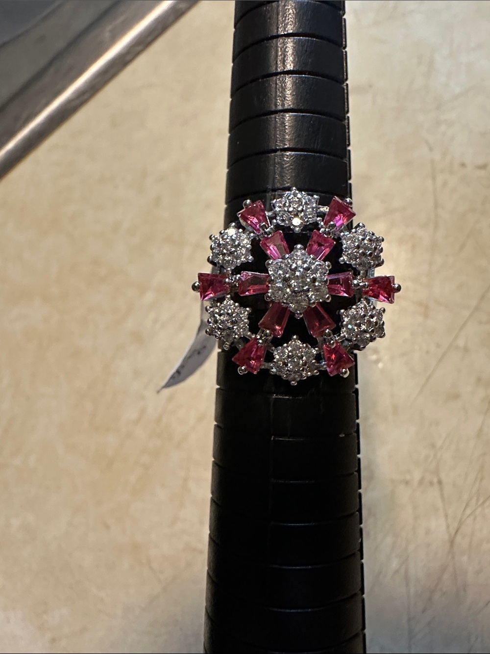 Sterling Silver Floral Cluster Ring with Red Crystal Accents